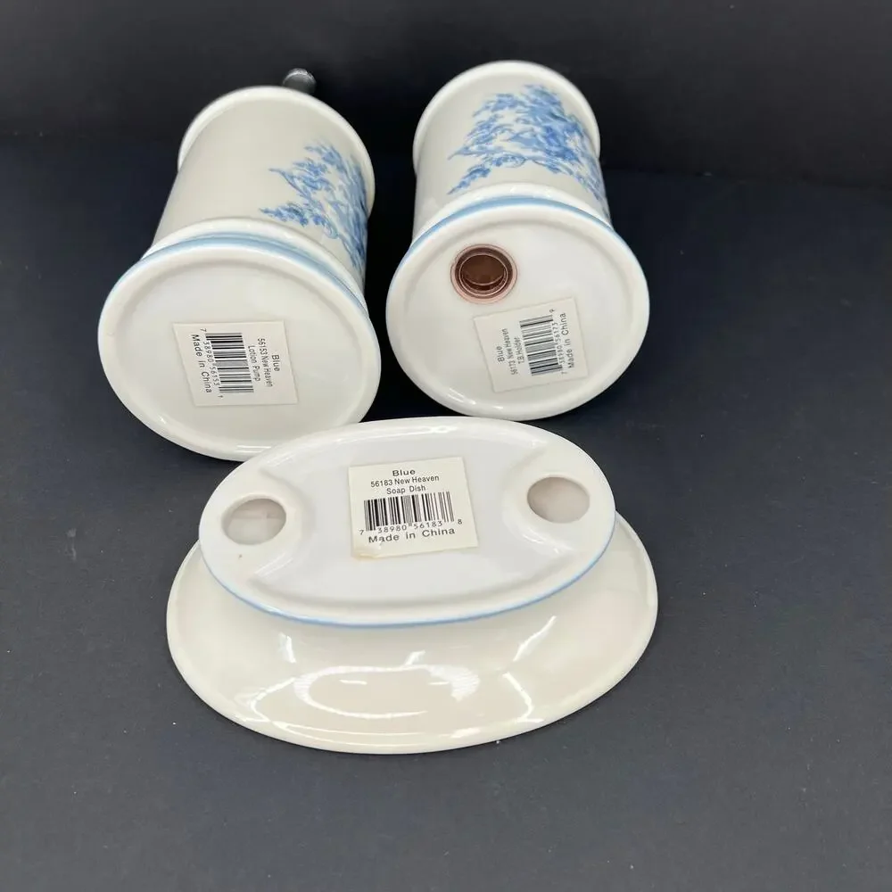 Blue and white floral botanical toothbrush holder dish soap and pump set